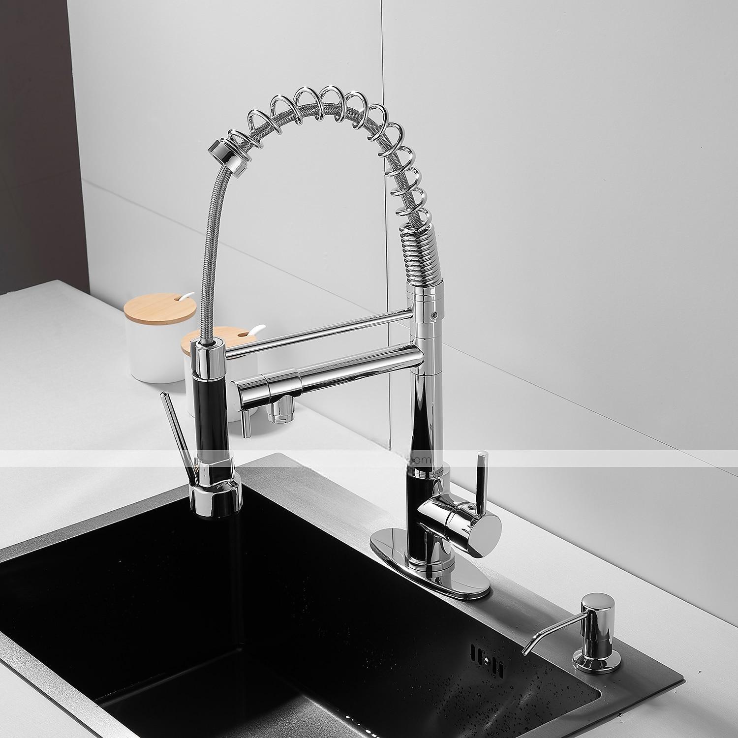 Kitchen Faucet with Pullout Spray and Soap Dispenser Sets Single Handle Two Holes Pull Out/Rotatable/Multifunction Standard Spout Brass Tall-High Arc Deck Mounted Kitchen Faucet 2025 - CAD $159.99 –P17