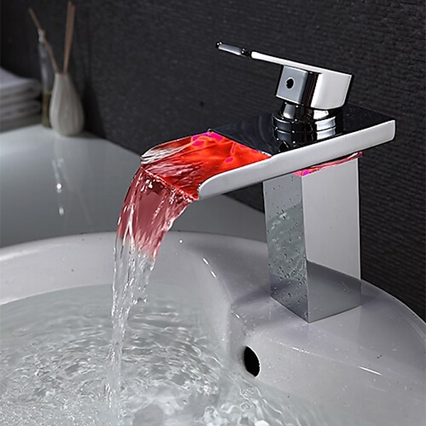 Bathroom Sink Faucet with Supply Hose,LED Waterfall Spout Single Handle Single Hole Vessel Lavatory Faucet,Slanted Body Basin Mixer Tap 2025 - CAD $119.99 –P8