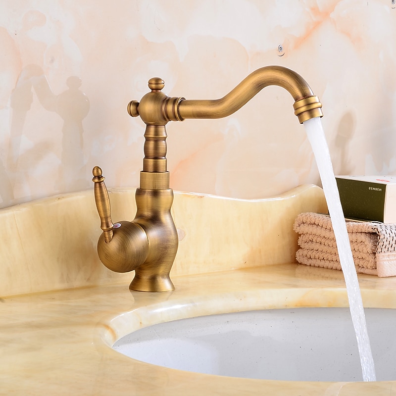 Antique Brass Bathroom Sink Faucet,Single Handle One Hole Traditional Bath Taps with Hot and Cold Water and Ceramic Valve 2025 - CAD $79.99 –P5