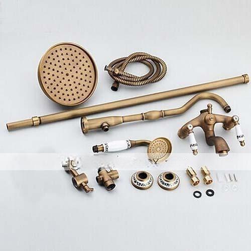 Vintage Shower Faucet Set Brass Shower System Oil-rubbed Bronze Rainfall 2 Handles 3 Holes Contain with Rain Shower/Shower rod/Handshower/Supply Lines and Hot/Cold Water 2025 - CAD $303.99 –P2