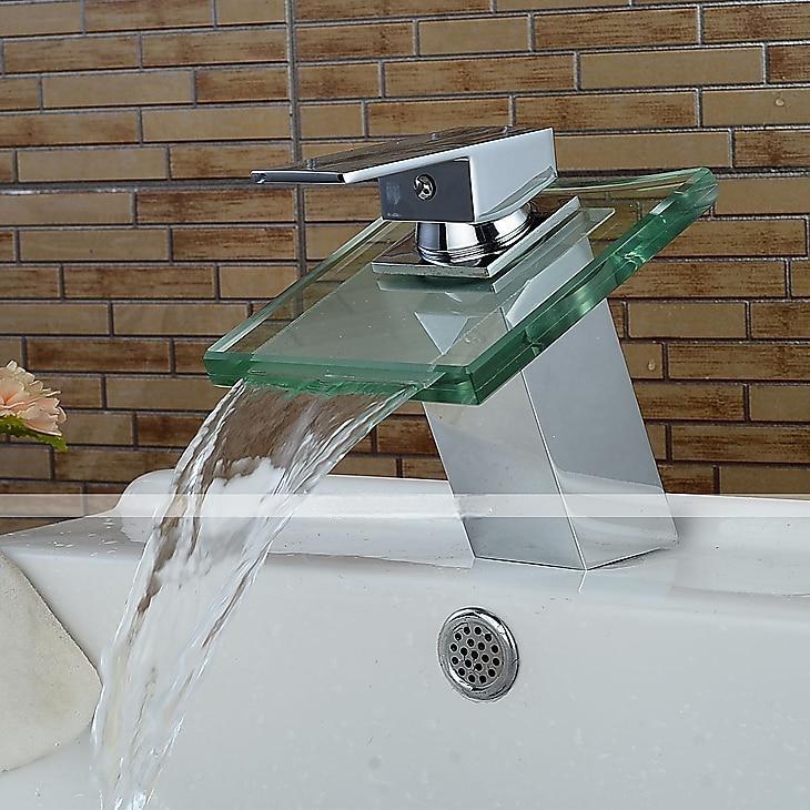 Modern Chrome Glass Waterfall Bathroom Basin Single Handle One Hole Bath Taps with Hot and Cold Water Switch 2025 - CAD $71.99 –P1