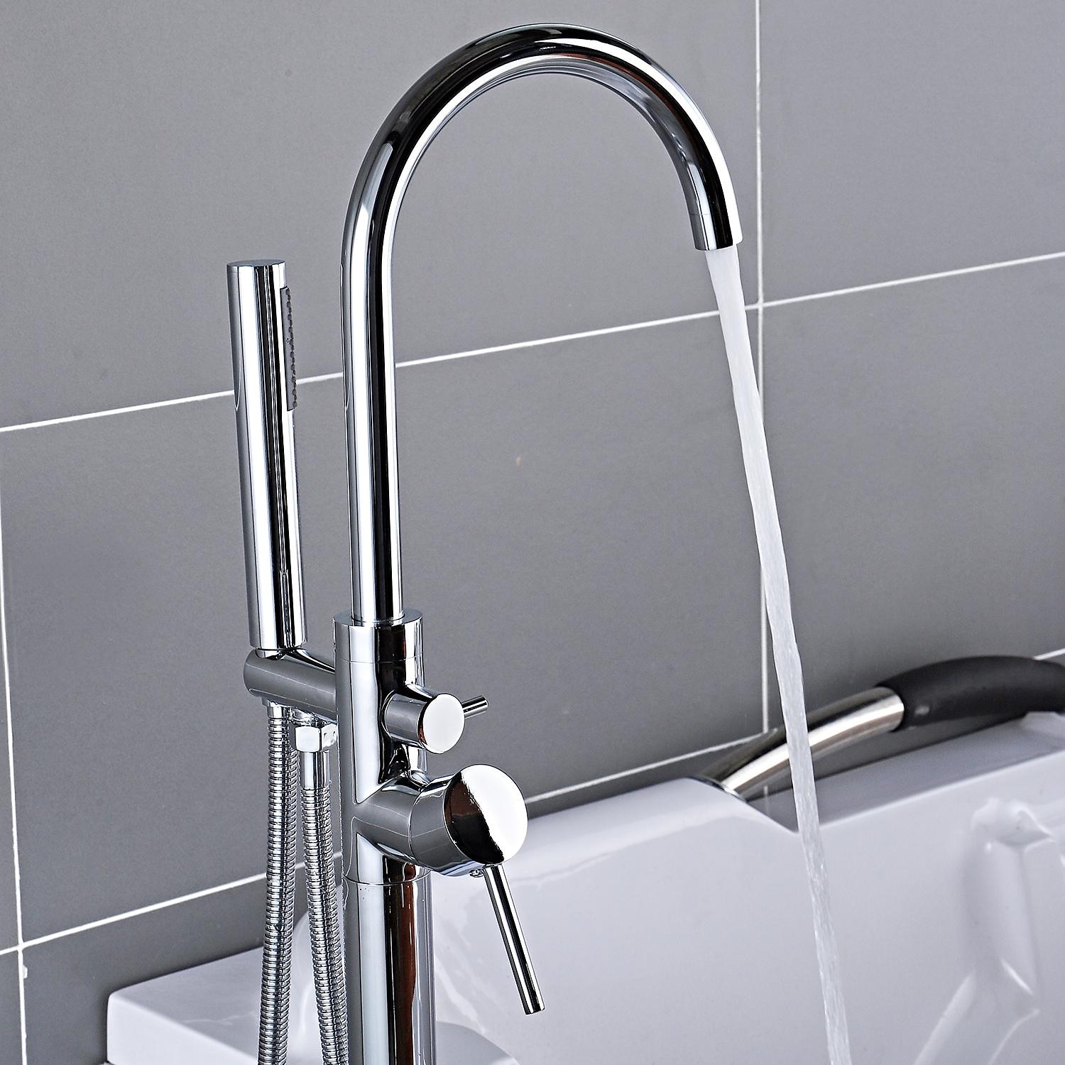 Bathtub Faucet Floor Mount Freestanding Bath Tub Filler Mixer Taps Brass 360 Swivel High Arc Spout Standing Shower Clawfoot Tub with Handheld Shower Mixer Taps 2025 - CAD $295.99 –P10