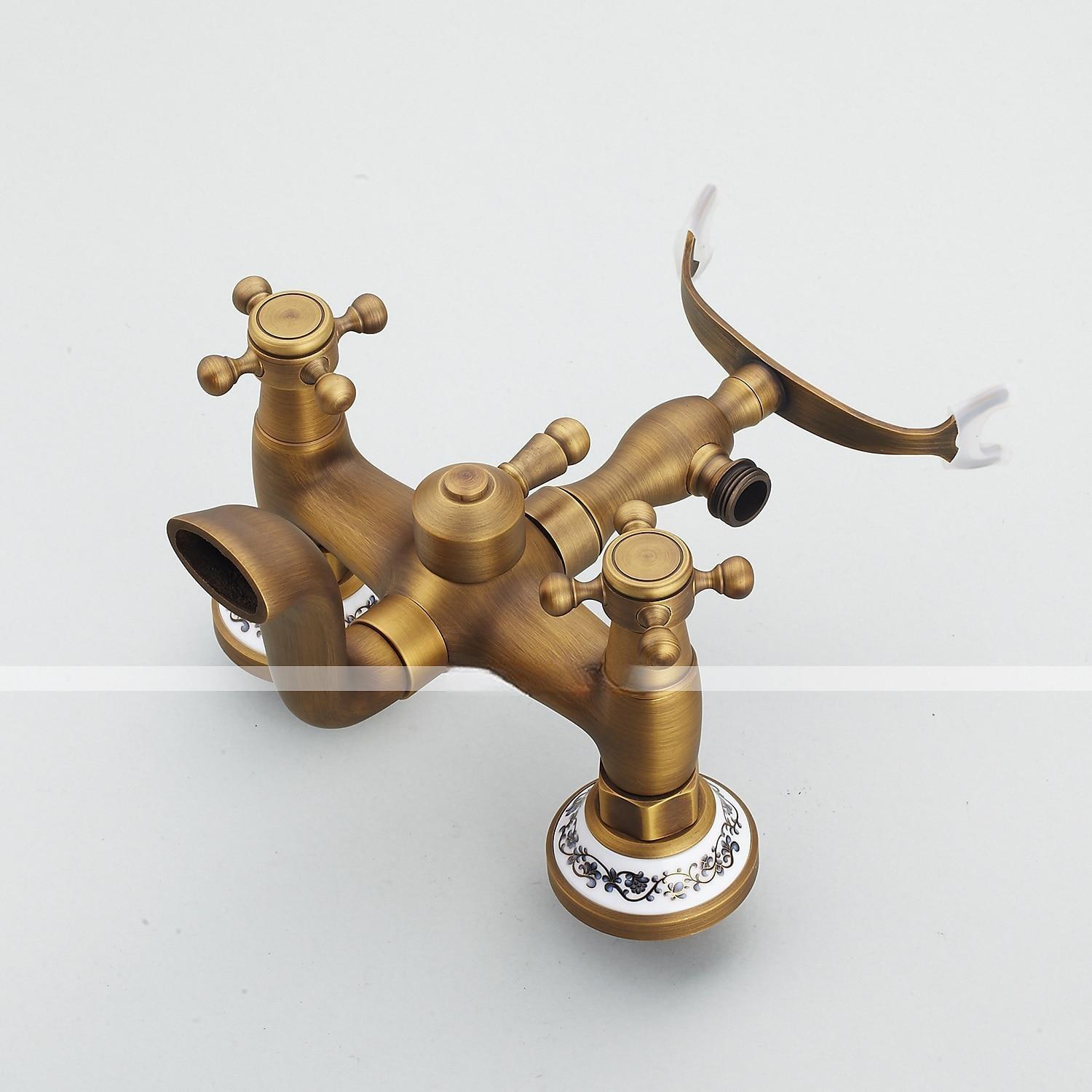 Bathroom Sink FaucetBrass Telephone Shape Wall Installation Widespread Pull-out Country Style Electroplated Copper Finish Two Handles Bathtub Faucet with Handshower and Drain 2025 - CAD $199.99 –P8