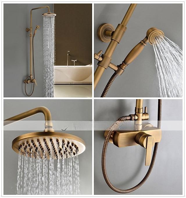 Traditional Shower Faucets Set Wall Mount Antique Brass Tap with 8 Inch Round Rainfall Shower Head Wide Spout Brass Handheld Sprayer Bathroom Shower System Vintage Brushed Rainfall Shower Suit 2025 - CAD $366.99 –P1