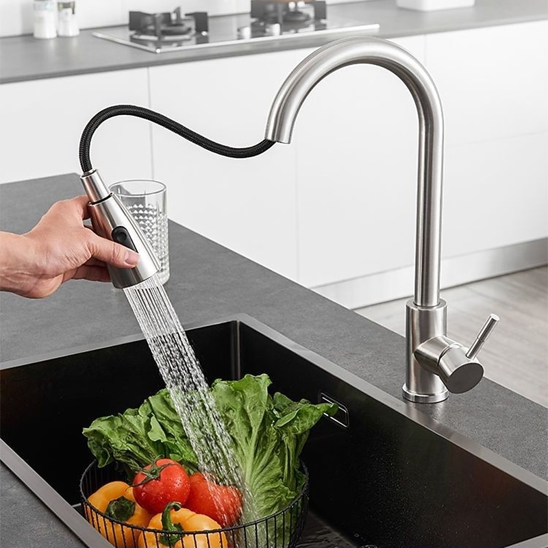 Kitchen Faucet with Pull-out SpraySingle Handle One Hole Stainless Steel Pull-out / Pull-down / Standard Spout / Tall / High Arc Centerset Minimalist / Modern Contemporary Kitchen Taps 2025 - CAD $71.99 –P2
