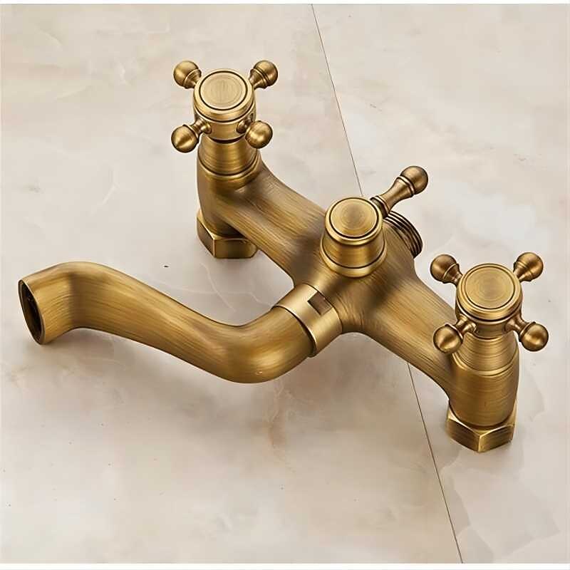 Traditional Shower System Faucet Set with Bathtub Spout with Heldhand Handshower Spray Vintage Brass Dual Spout Wall Mounted Ceramic Mixer Valve 2025 - CAD $151.97 –P2
