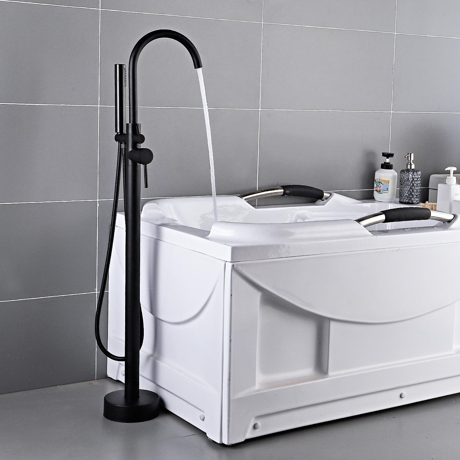 Bathtub Faucet Floor Mount Freestanding Bath Tub Filler Mixer Taps Brass 360 Swivel High Arc Spout Standing Shower Clawfoot Tub with Handheld Shower Mixer Taps 2025 - CAD $295.99 –P4