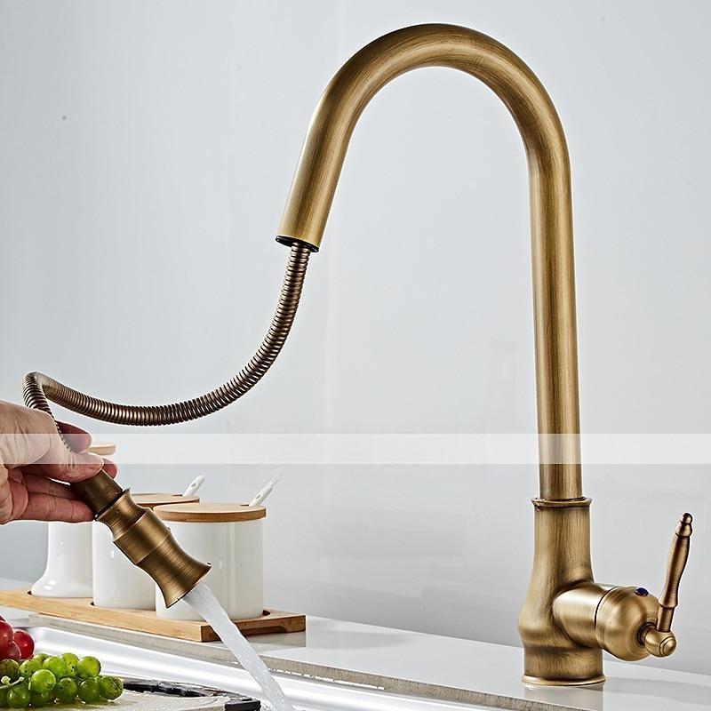 Kitchen Sink Mixer Faucet with Pull Out Spray 360 Swivel Pull Down Vessel Taps Antique Brass/Black Deck Mounted Antique Single Handle One Hole Kitchen Taps 2025 - CAD $151.97 –P7