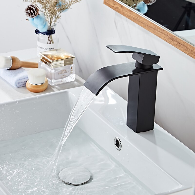 Waterfall Bathroom Sink Mixer Faucet Tall Short, Mono Wash Basin Single Handle Basin Taps, Washroom with Hot and Cold Hose Monobloc Vessel Water Brass Tap Deck Mounted Golden Black 2025 - CAD $83.18 –P5