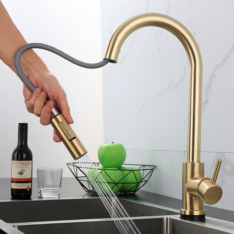 Kitchen Sink Mixer Faucet Stainless Steel with Pull Out Sprayer 360° Rotatable Multi-function Pull Down Single Handle Kitchen Vessel Tap Brushed Gold Finish 2025 - CAD $127.99 –P15