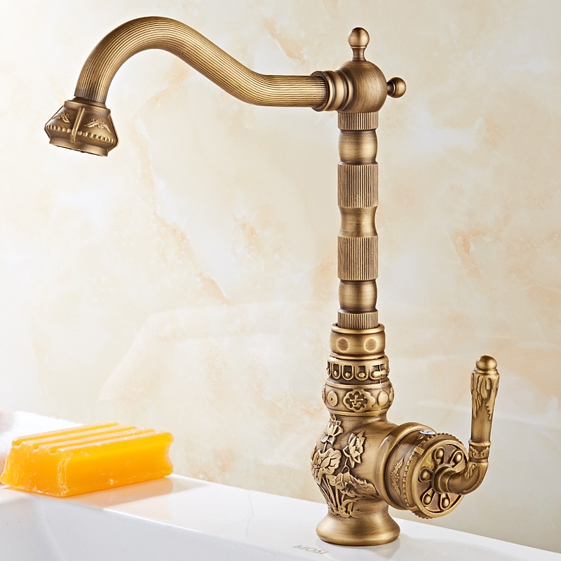 Traditional Kitchen Sink Mixer Faucet Antique Brass Single Handle Taps Standard Spout Deck Mounted Retro Vintage Style Kitchen Tap with Cold and Hot Hose 2025 - CAD $143.99 –P11