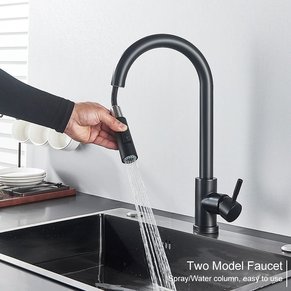 Kitchen Sink Mixer Faucet with Pull Out Sprayer Stainless Steel Rotatable Vessel Tap Rainfall/Waterfall Mode Spray Faucet Black&Silver Kitchen Faucet Tap with Soap Dispenser 2025 - CAD $111.99 –P4