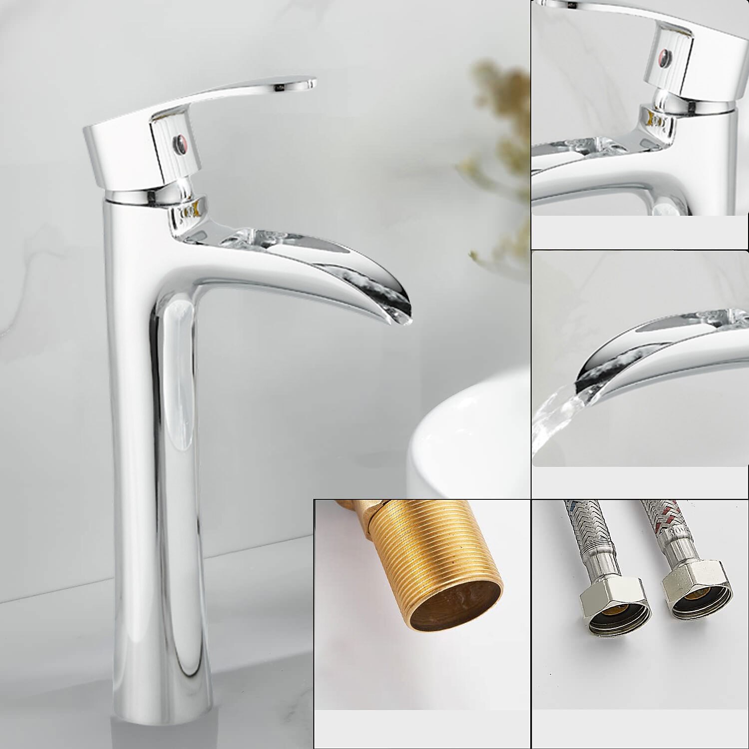 Waterfall Bathroom Sink Mixer Faucet Chrome, Tall Basin Mixer Taps Brass, Single Handle One Hole Tap with Hot and Cold Hose Deck Mounted Vessel Water Tap 2025 - CAD $87.99 –P3
