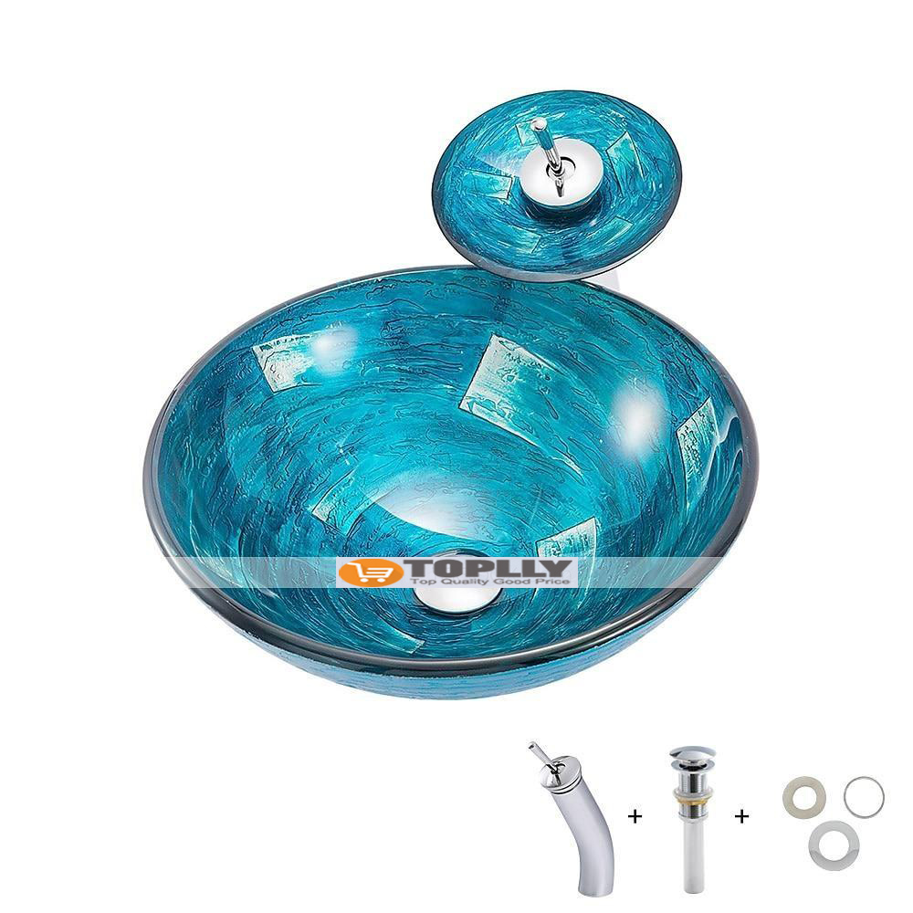 Minimalist Mediterranean Wind Round Basin Tempered Glass Wash Basin With Waterfall Faucet Basin Support Drainer 2025 - CAD $311.99 –P2