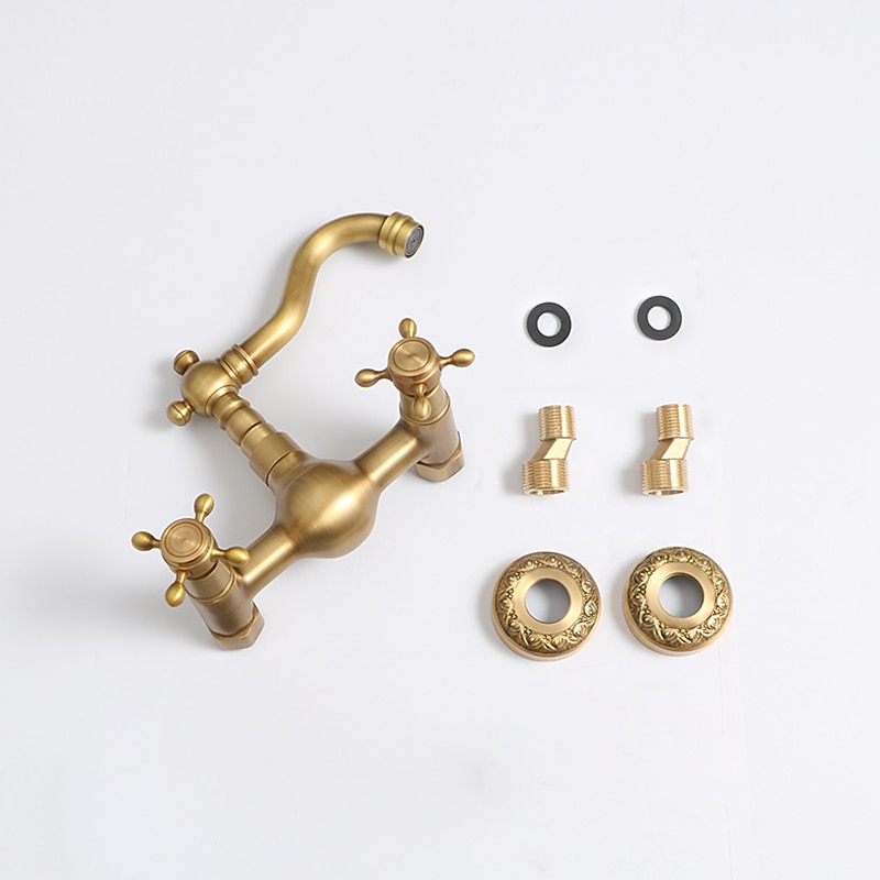 Traditional Kitchen Sink Mixer Taps Wall Mounted Brass Vintage Retro Kitchen Faucet Twin Lever Standard Spout Vessel Tap 2025 - CAD $87.99 –P1