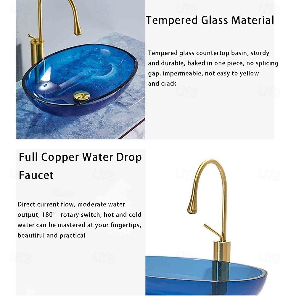 Bathroom Vessel Sink Tempered Glass Wash Basin Bowl Above Counter Art Vessel Sink with Water Drop Faucets and Pop-Up Drain 2025 - CAD $295.99 –P2