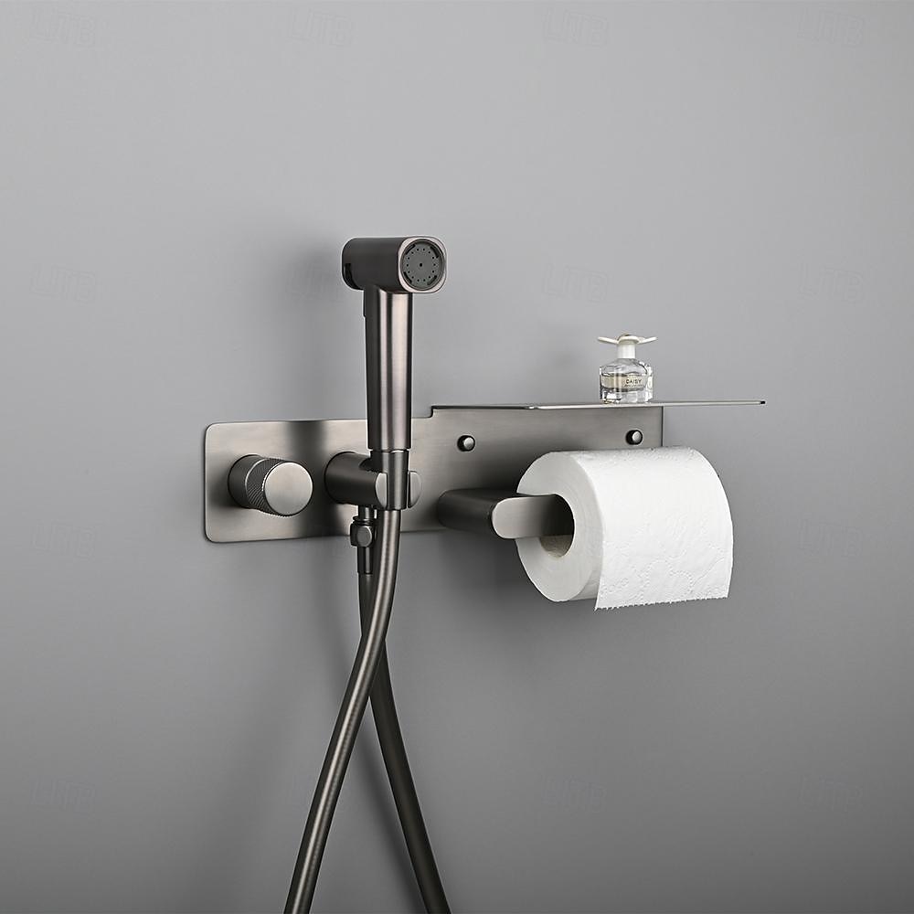 Brushed Gold Bidet Sprayer Concealed Button Brass Valve with Commodity Shelf Paper Holder Plastic Sprayer PVC Hose Grey 2025 - CAD $283.18 –P4