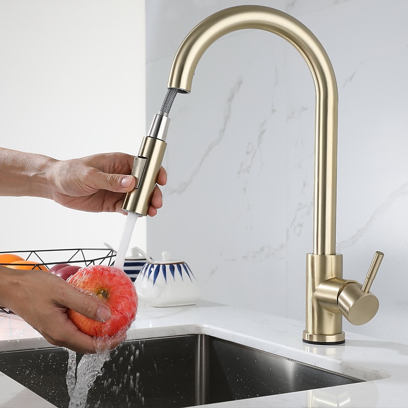 Kitchen Sink Mixer Faucet Stainless Steel with Pull Out Sprayer 360° Rotatable Multi-function Pull Down Single Handle Kitchen Vessel Tap Brushed Gold Finish 2025 - CAD $127.99 –P16