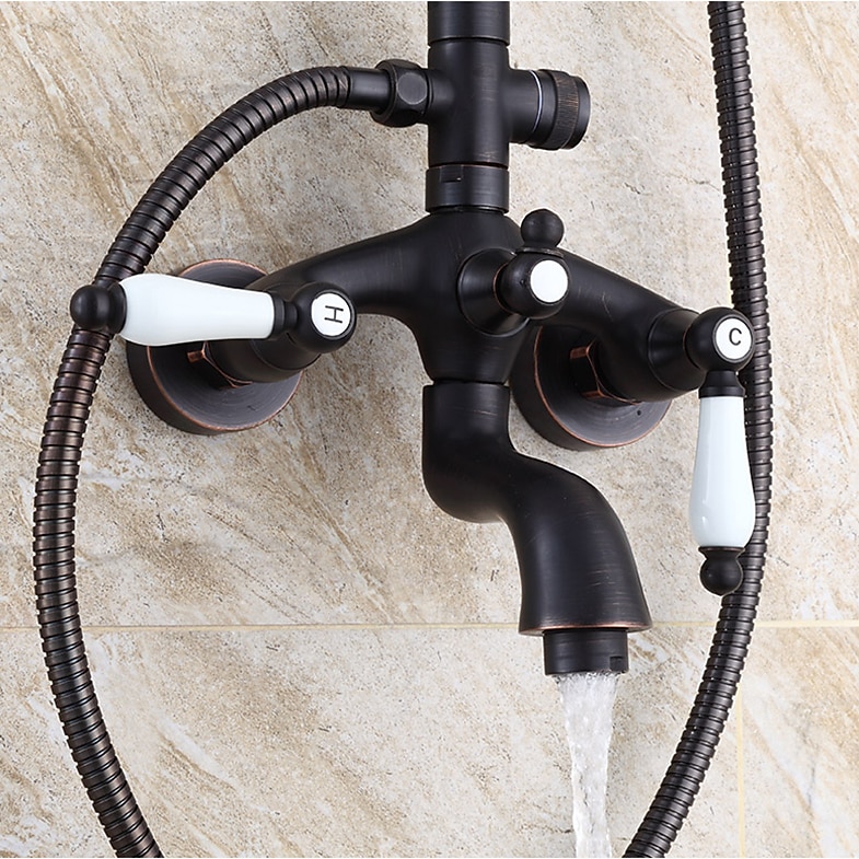 Antique Shower System Faucet Combo Set 8" Rainfall Shower Head Kit with Handshower Wall Mounted Brass Copper Black Electroplated Finish Vintage Style 2 Handles 3 Hole Bath Mixer Taps with Bodysprays 2025 - CAD $215.99 –P15