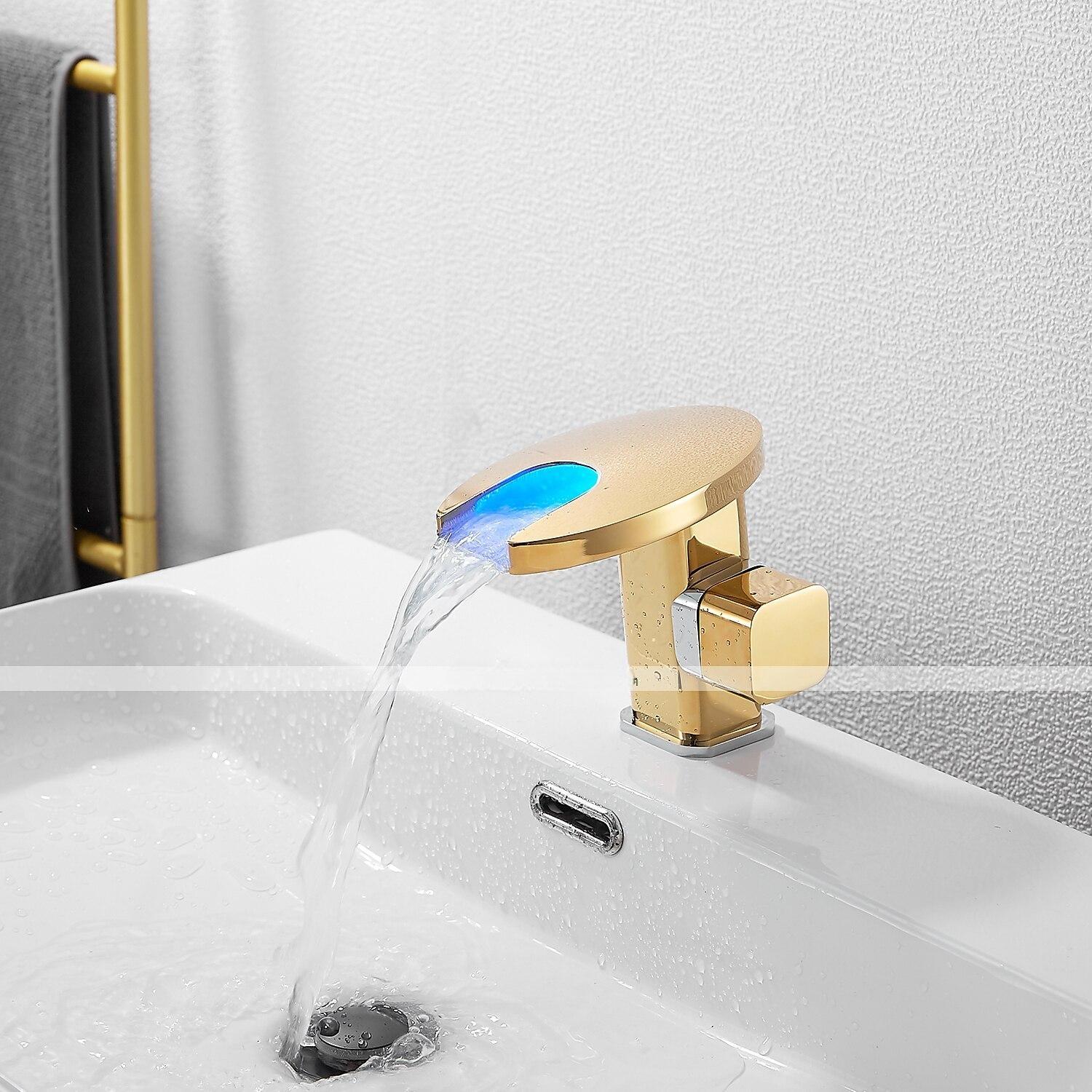 Bathroom Sink Faucet,LED Waterfall Temperature Controlled 3-Colors Electroplated Centerset Single Handle One Hole Bath Taps 2025 - CAD $95.99 –P3