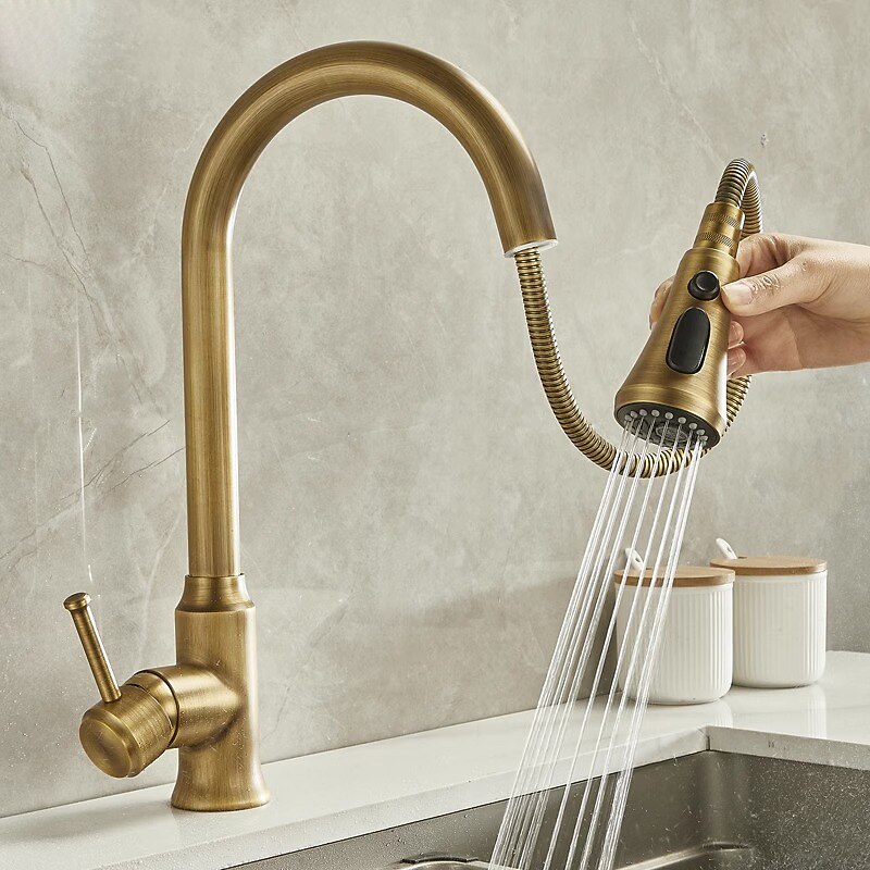 Traditional Kitchen Faucet Pull Out Sink Mixer Vessel Brass Taps 360 Degree Single Handle Vintage Taps with Cold and Hot Hose 2025 - CAD $111.99 –P5