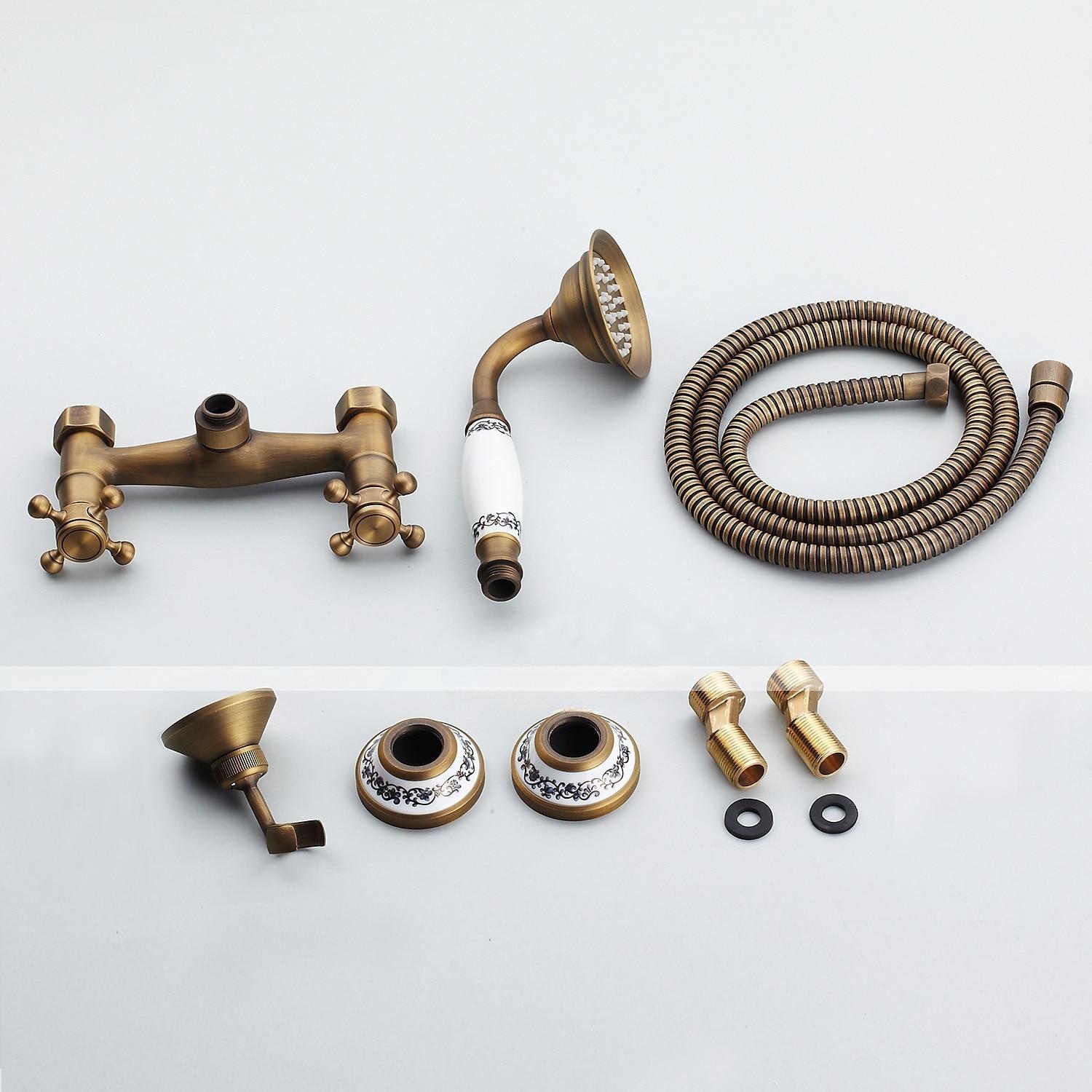 Shower Faucet Set - Handshower Included pullout Vintage Style / Country Antique Brass Mount Outside Ceramic Valve Bath Shower Mixer Taps / Two Handles One Hole 2025 - CAD $151.99 –P1