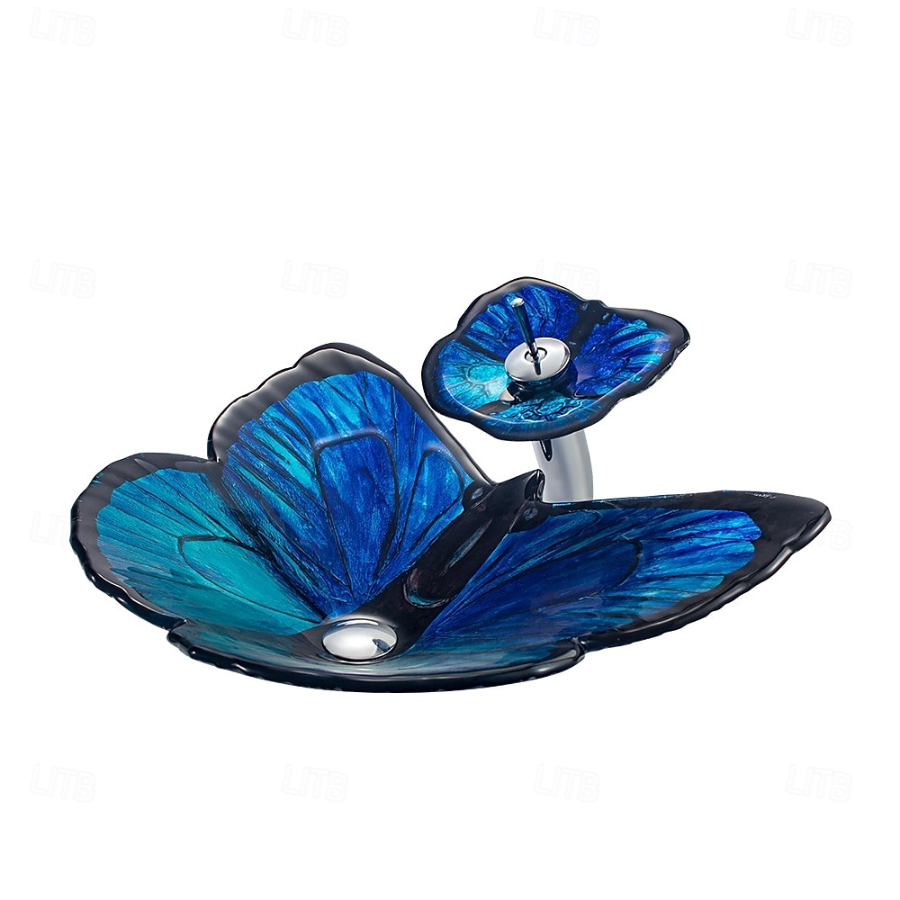 Bathroom Vessel Sink Butterfly Shape Artistic Tempered Glass Vessel Sink Vessel Bowl Sink Countertop Vanity Vessel Sink with Waterfall Faucet and Pop Up Drain Combo 2025 - CAD $558.99 –P3
