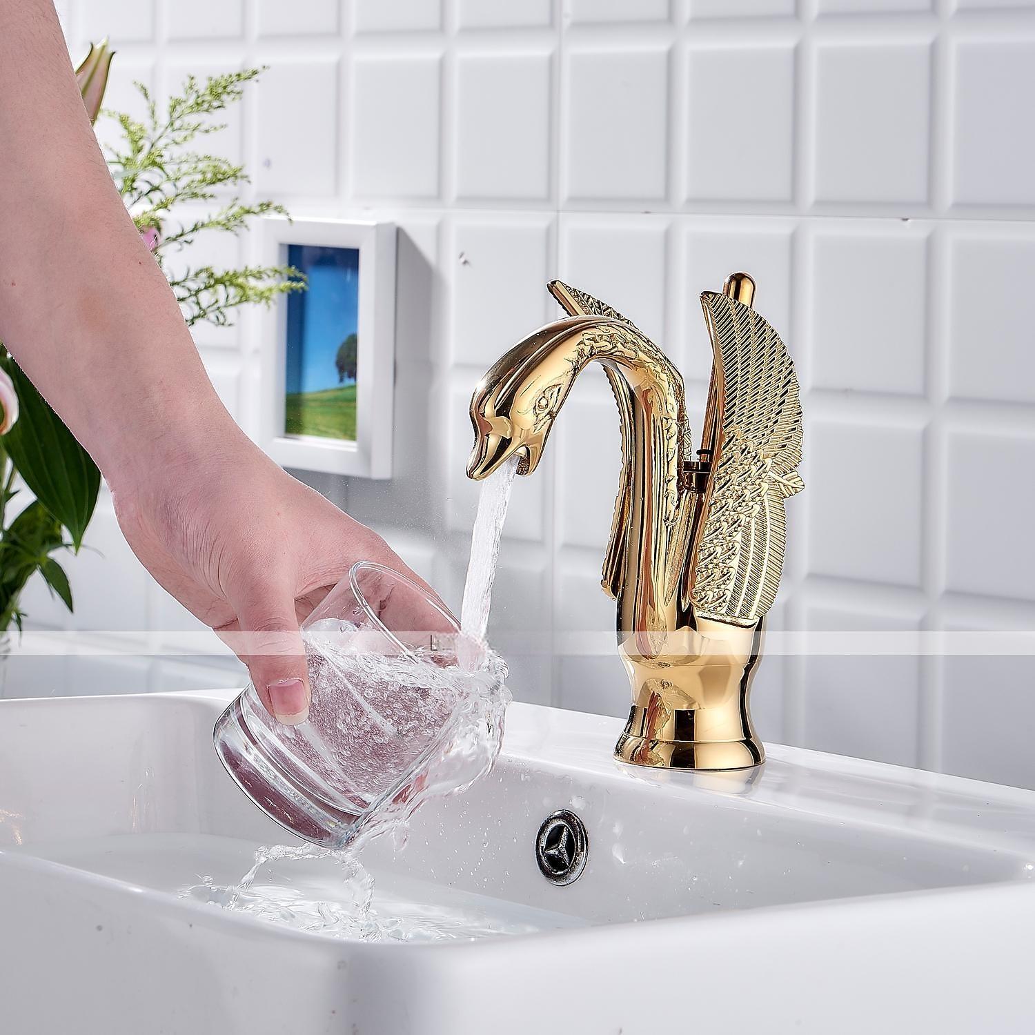 Vintage Bathroom Sink Mixer Faucet Brass Swan Shap, Monobloc Washroom Basin Taps Single Handle One Hole Deck Mounted, Mono Water Vessel Tap Hot and Cold Hose Antique 2025 - CAD $135.99 –P5