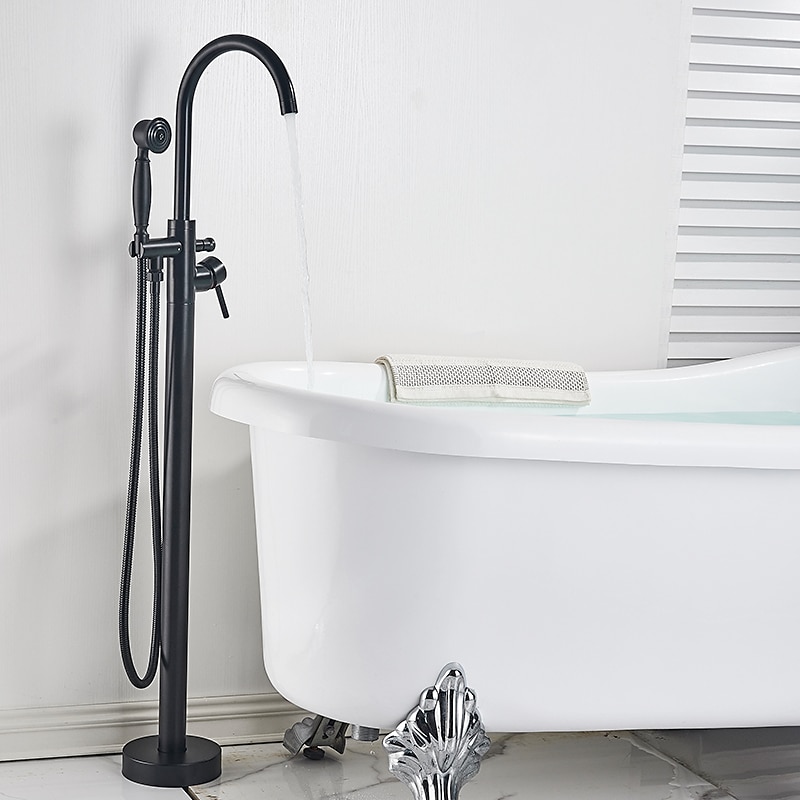 Vintage Bathtub Faucet Floor Mount Bath Tub Filler Mixer Tap Freestanding with Heldhand Showerhand 360 Swivel High Arc Spout Standing Shower Faucet 2025 - CAD $318.99 –P2