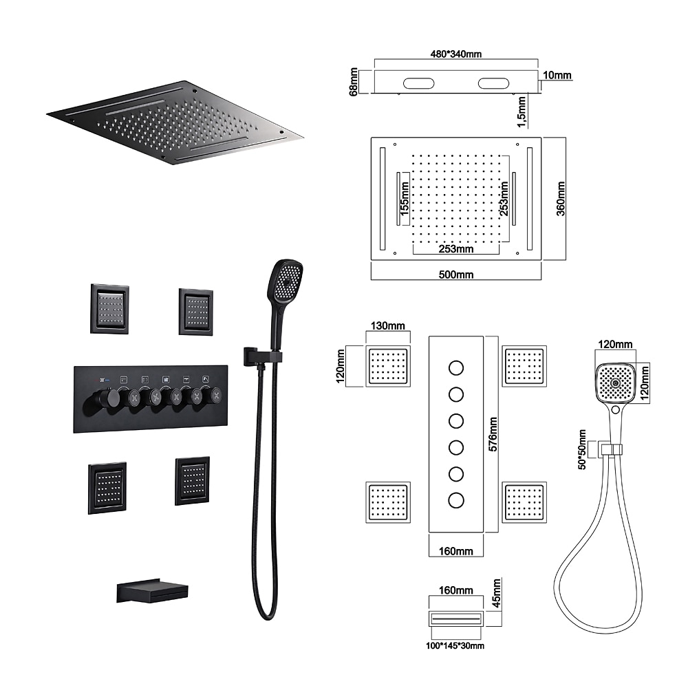 Shower FaucetRainfall Shower System Thermostatic Mixer valve Body Jet Massage Set - Rainfall Shower Multi Spray Shower Waterfall Contemporary Painted Finishes Mount Inside Brass Valve 2025 - CAD $1594.99 –P1