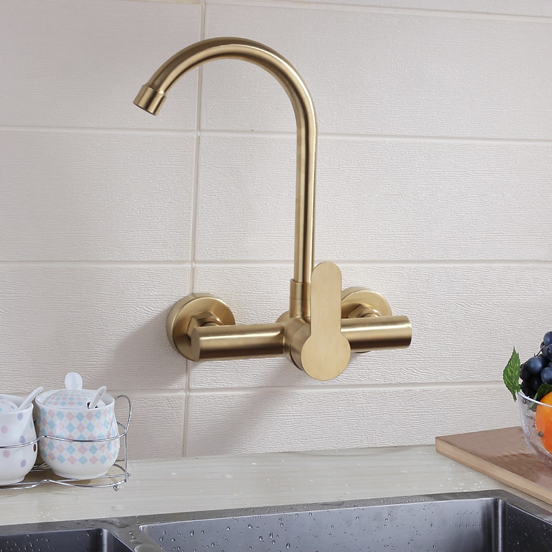 Kitchen faucet - Single Handle Two Holes Brushed Gold Tall /High Arc Wall Mounted Contemporary Kitchen Taps 2025 - CAD $175.99 –P5