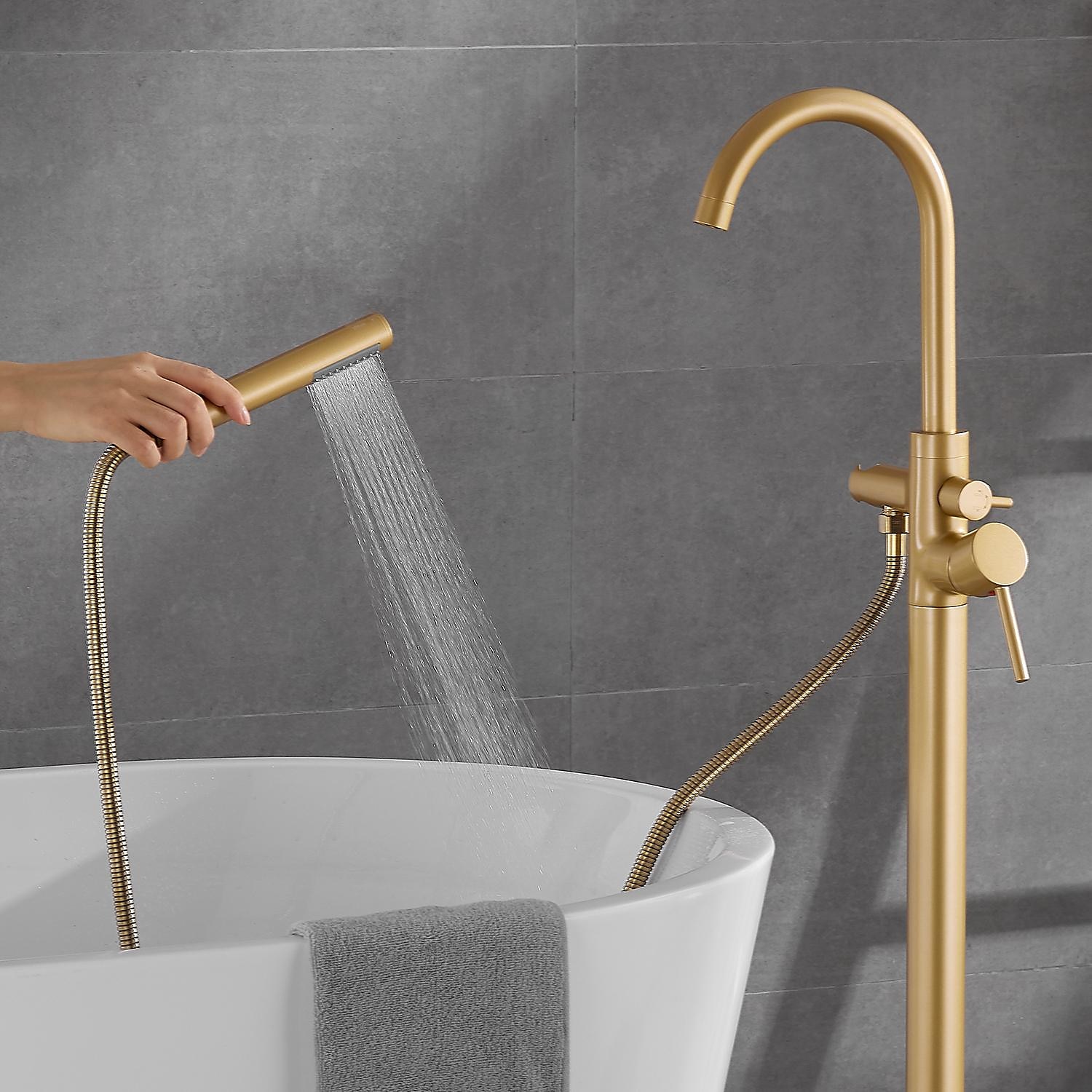 Bathtub Faucet Floor Mount Freestanding Bath Tub Filler Mixer Taps Brass 360 Swivel High Arc Spout Standing Shower Clawfoot Tub with Handheld Shower Mixer Taps 2025 - CAD $295.99 –P20