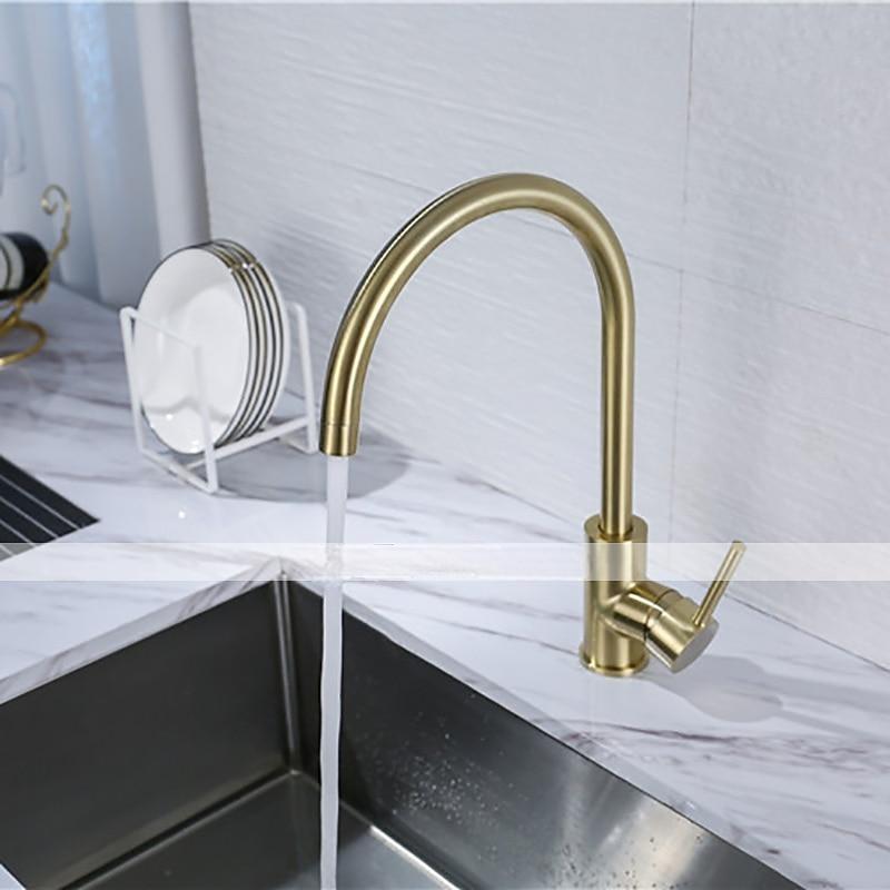 Kitchen Sink Mixer Faucet Brushed Gold Deck Mounted  360 Swivel Single Handle Vessel Kitchen Brass Taps with Cold and Hot Water Hose 2025 - CAD $79.99 –P1