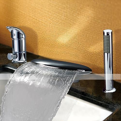 Waterfall Bathtub Faucet Deck Mounted Widespread Bathroom Faucet Bath Roman Tub Filler Mixer Tap Brass 3 Hole Sprayer with Cold Hot Water Hose 2025 - CAD $167.99 –P3