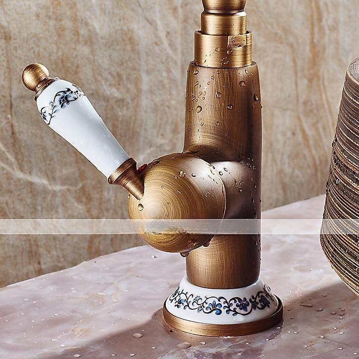 Bathroom Sink Faucet,Antique Brass Single Handle  One Hole Bath Taps, Retro Style Ceramic Handle Rotatable Faucet with Hot and Cold Switch 2025 - CAD $87.99 –P5