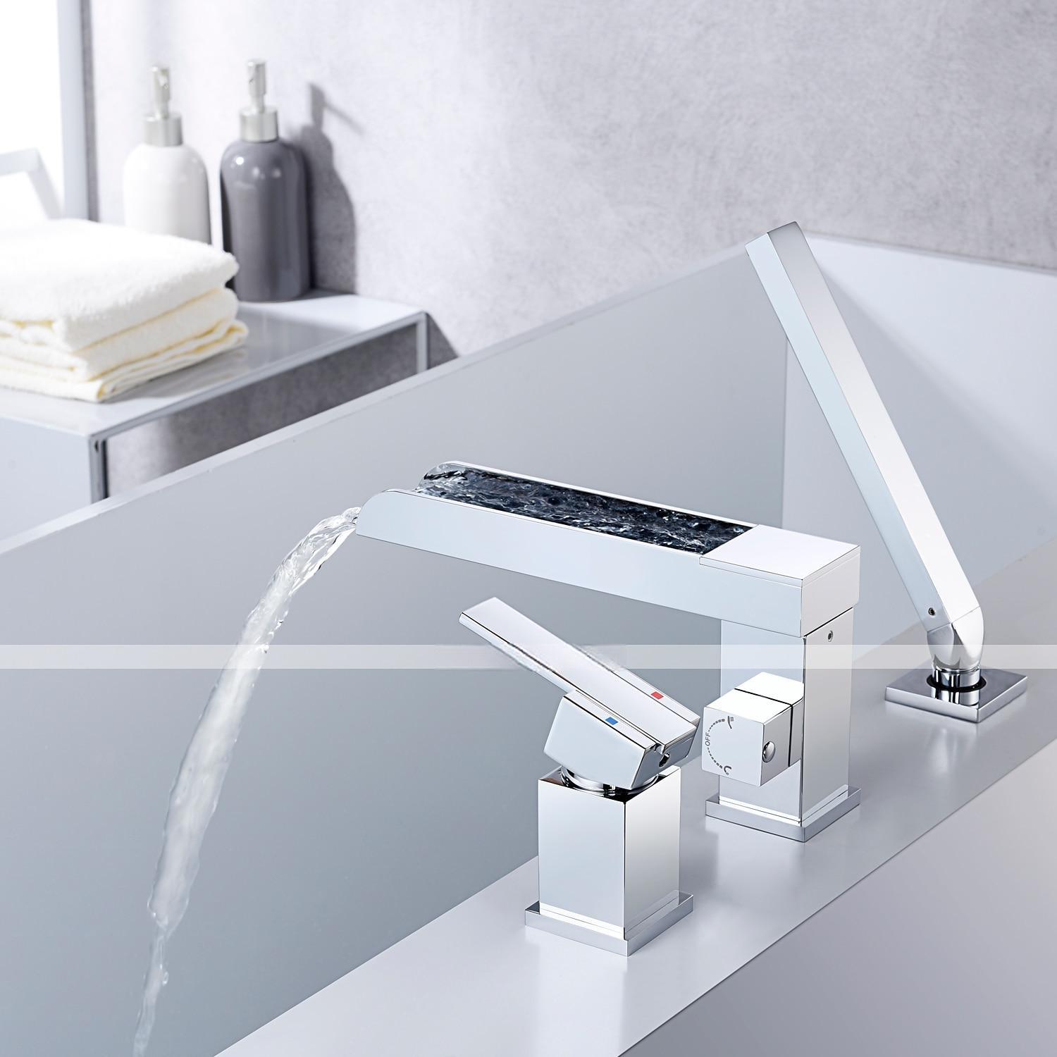 Bathtub Faucet Waterfall Long Spout Bath Tub Filler Mixer Taps Golden with Heldhand Shower 60 inch Hose 3 Hole 2 Handle Deck Mounted Widespread Bathroom 2025 - CAD $366.99 –P11