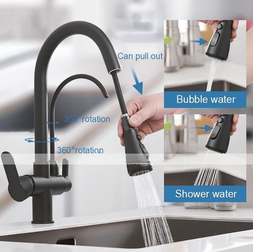 Kitchen Sink Mixer Faucet Pull Out Sprayer with Soap Dispenser 360 swivel Black Single Handle Brass Taps Pull Down Deck Mounted Hot Cold Water Hose Filter Tap 2025 - CAD $103.99 –P4