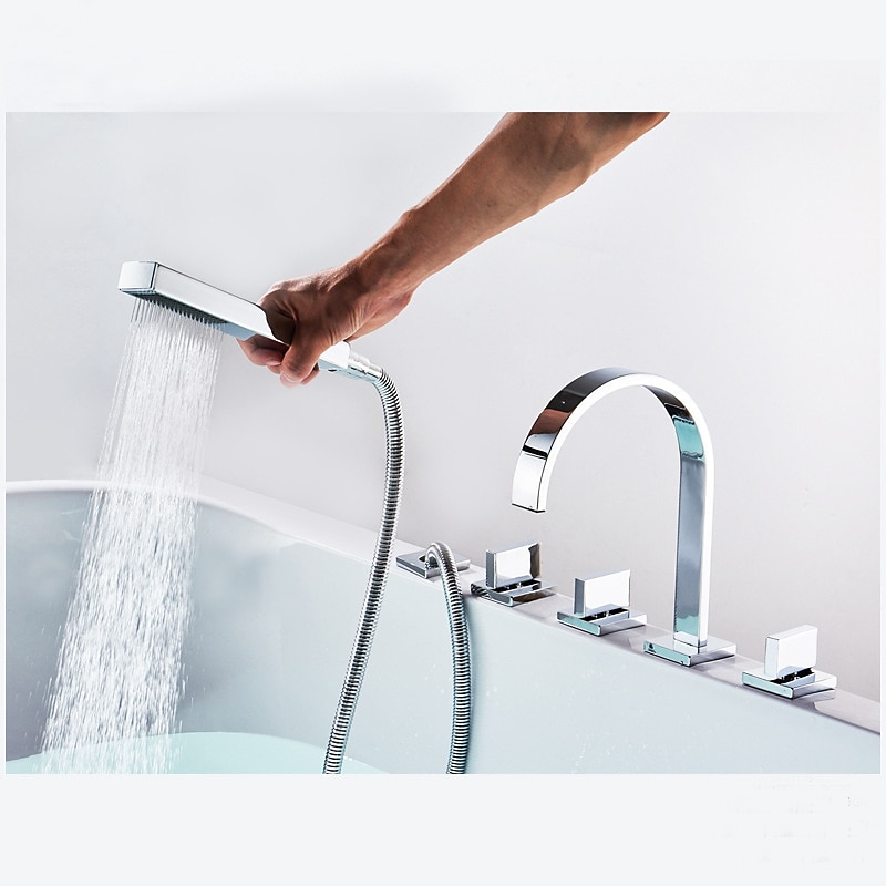 Bathtub Faucet Multi-hole Deck Mounted with Heldhand Showerhand Bath Tub Filler Mixer Brass Taps 5 Hole 3 Handle Chrome 2025 - CAD $239.99 –P4