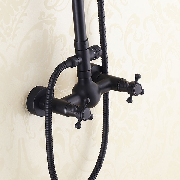 Antique Shower System Faucet Combo Set 8" Rainfall Shower Head Kit with Handshower Wall Mounted Brass Copper Black Electroplated Finish Vintage Style 2 Handles 3 Hole Bath Mixer Taps with Bodysprays 2025 - CAD $215.99 –P8