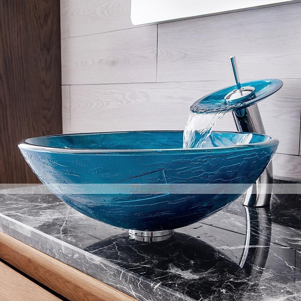 Minimalist Mediterranean Wind Round Basin Tempered Glass Wash Basin With Waterfall Faucet Basin Support Drainer 2025 - CAD $311.99 –P8