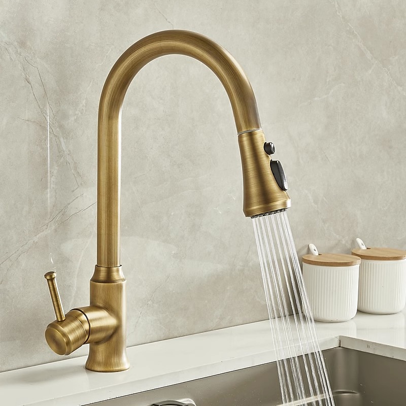 Traditional Kitchen Faucet Pull Out Sink Mixer Vessel Brass Taps 360 Degree Single Handle Vintage Taps with Cold and Hot Hose 2025 - CAD $111.99 –P1