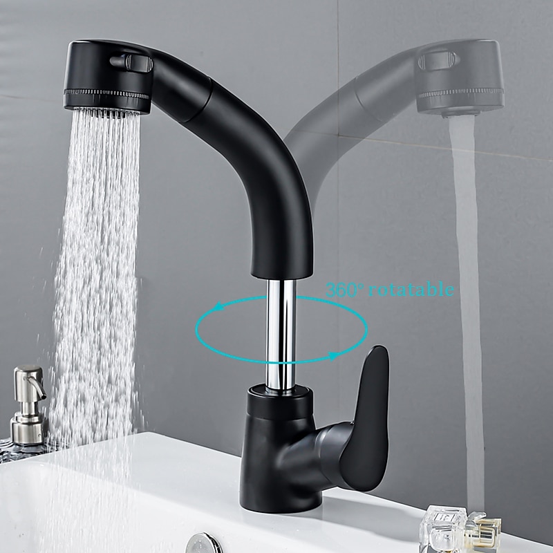 Matte Black Bathroom Basin Faucet Pull Out Spout Rotatable Liftable Body Deck Mounted Hot and Cold Water Mixer Tap 2025 - CAD $87.99 –P5