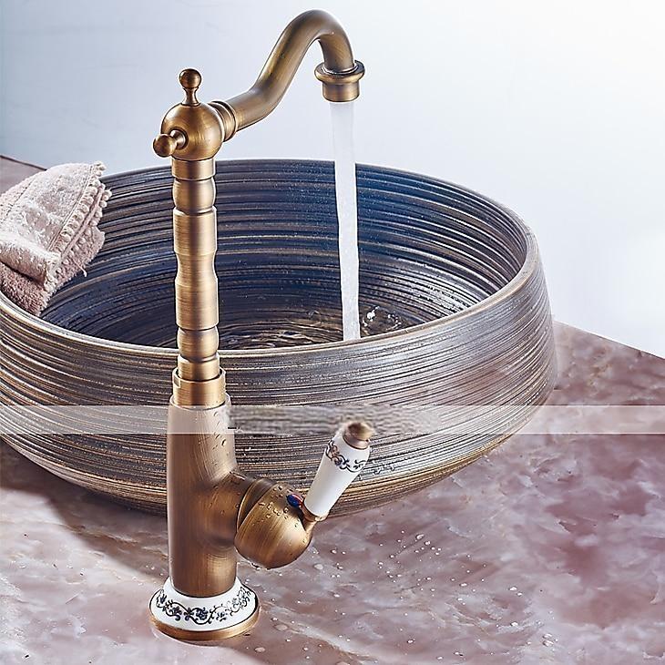 Bathroom Sink Faucet,Antique Brass Single Handle  One Hole Bath Taps, Retro Style Ceramic Handle Rotatable Faucet with Hot and Cold Switch 2025 - CAD $87.99 –P4