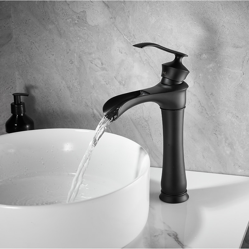 Waterfall Basin Sink Mixer Faucet Black, Tall Bathroom Taps Single Handle One Hole with Hot and Cold Hose Vessel Water Tap Deck Mounted 2025 - CAD $135.99 –P2