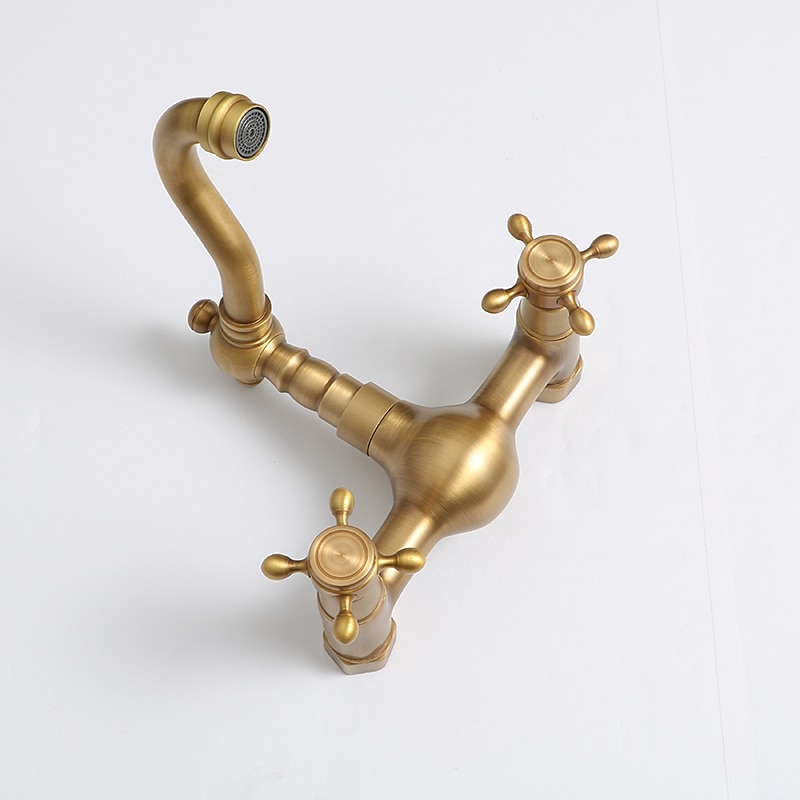 Traditional Kitchen Sink Mixer Taps Wall Mounted Brass Vintage Retro Kitchen Faucet Twin Lever Standard Spout Vessel Tap 2025 - CAD $87.99 –P3