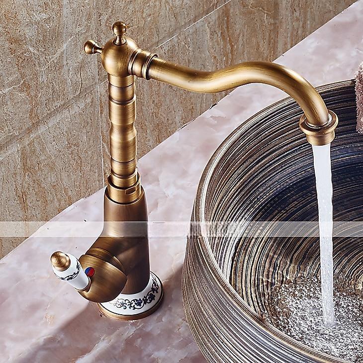 Bathroom Sink Faucet,Antique Brass Single Handle  One Hole Bath Taps, Retro Style Ceramic Handle Rotatable Faucet with Hot and Cold Switch 2025 - CAD $87.99 –P2