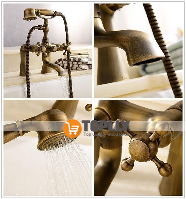 Antique Brass Wall Mounted  Shower Faucet Two Handles Two Holes Bathtub Shower Mixer Taps Contain with Handshower and Valve and Hot/Cold Water 2025 - CAD $127.99 –P1
