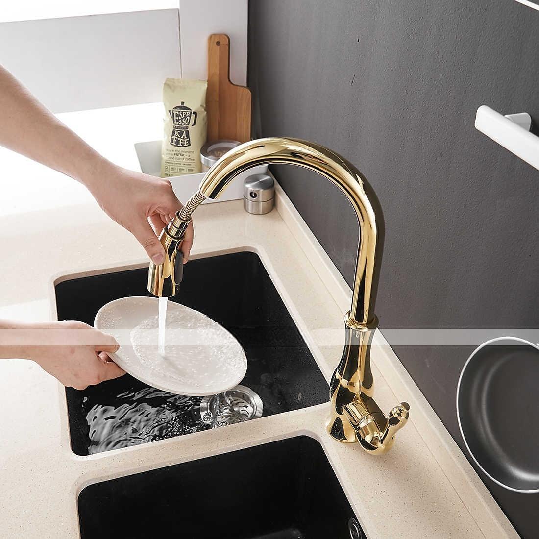 Kitchen Faucet with Sprayer Vessel Installation Nickel Brushed/Electroplated One Hole Widespread Pull Out/High Arc Brass Kitchen Faucet Contain with Cold and Hot Water 2025 - CAD $175.99 –P4