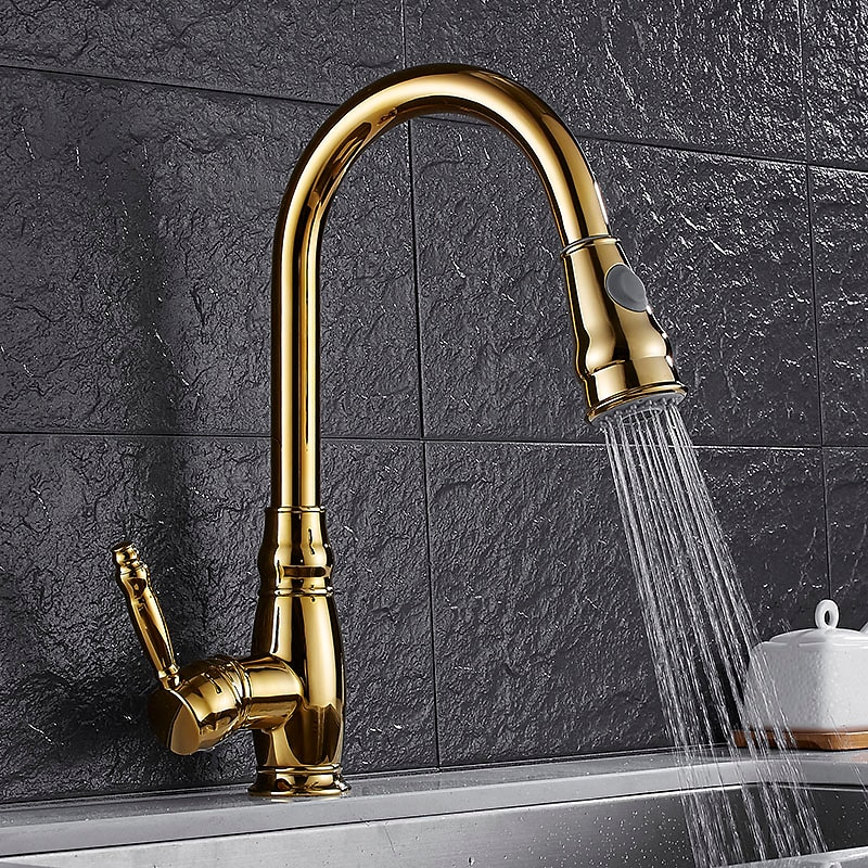 Kitchen Faucet Contemporary Retro Style Ti-PVD Pull-out/Pull-down Vessel/Brass/Single Handle One Hole 2025 - CAD $191.99 –P4