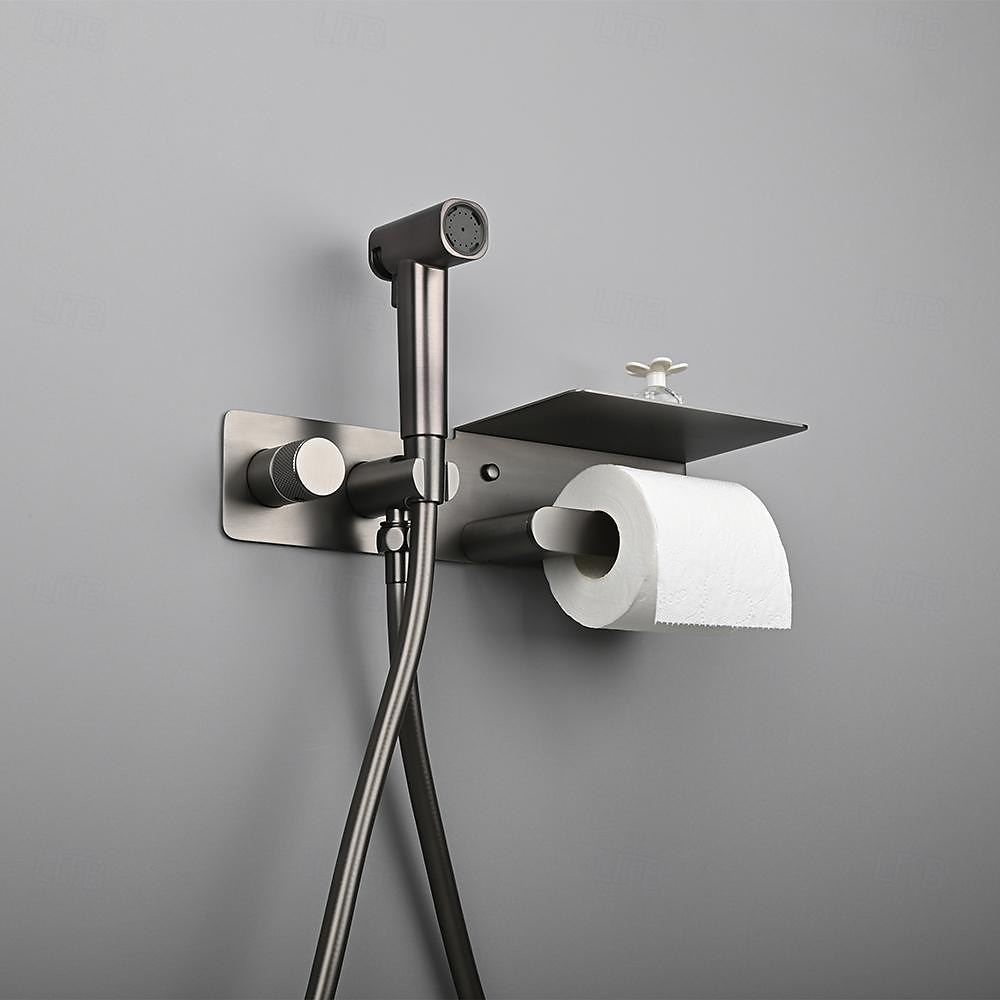 Brushed Gold Bidet Sprayer Concealed Button Brass Valve with Commodity Shelf Paper Holder Plastic Sprayer PVC Hose Grey 2025 - CAD $283.18 –P5